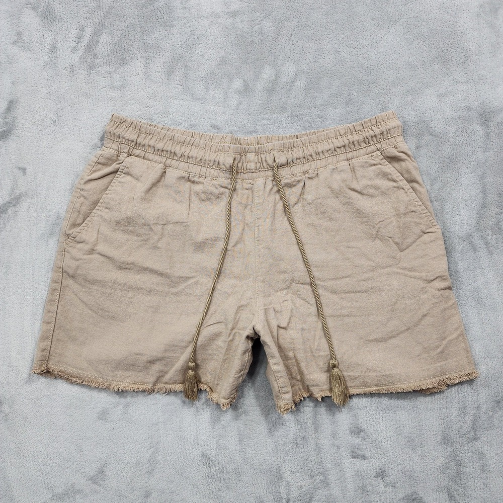 Time And Tru Shorts‎ Womens M Beige Linen Blend Tassel Tie Pull On Chino Casual